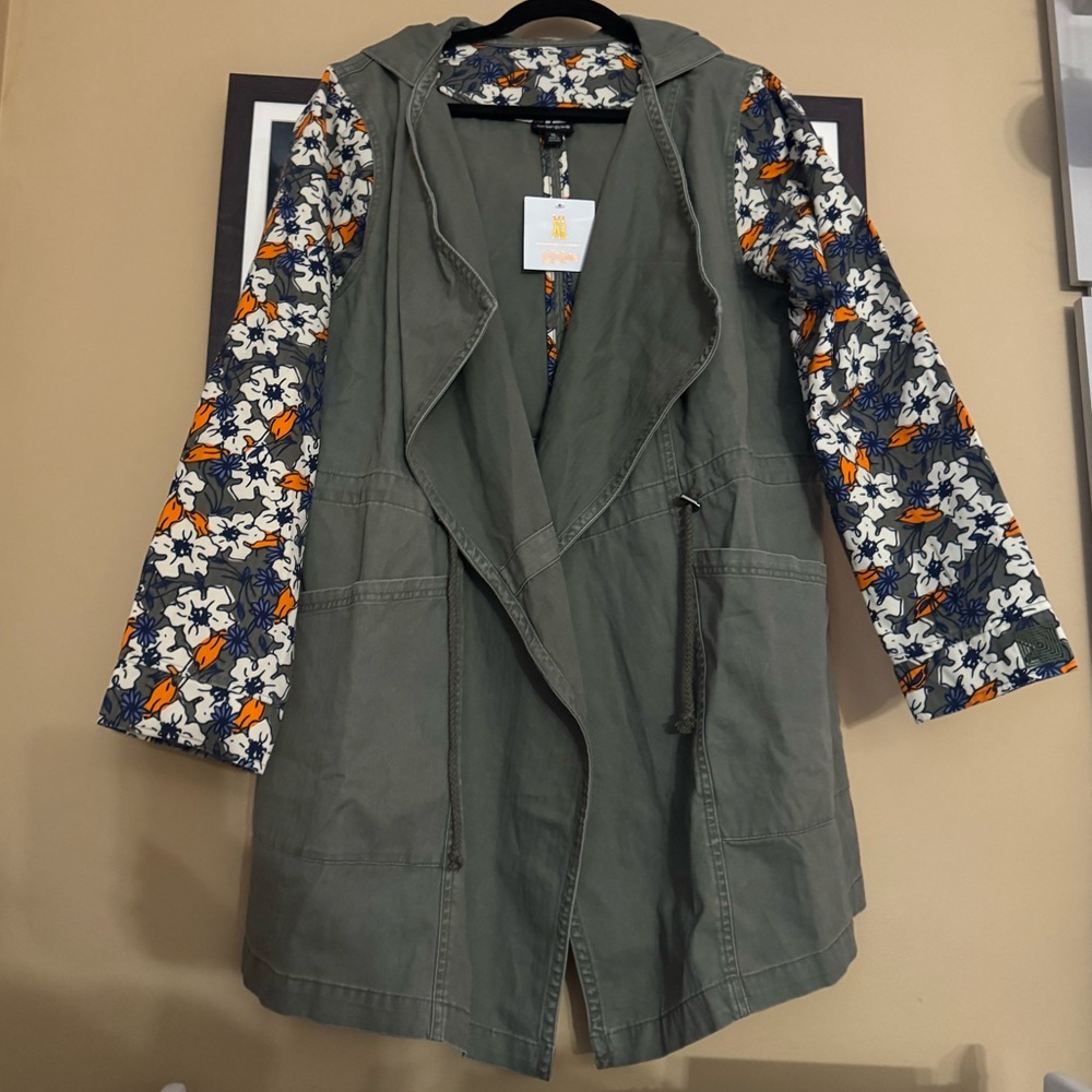 LuLaRoe Olive Utility Jacket with Floral Sleeves